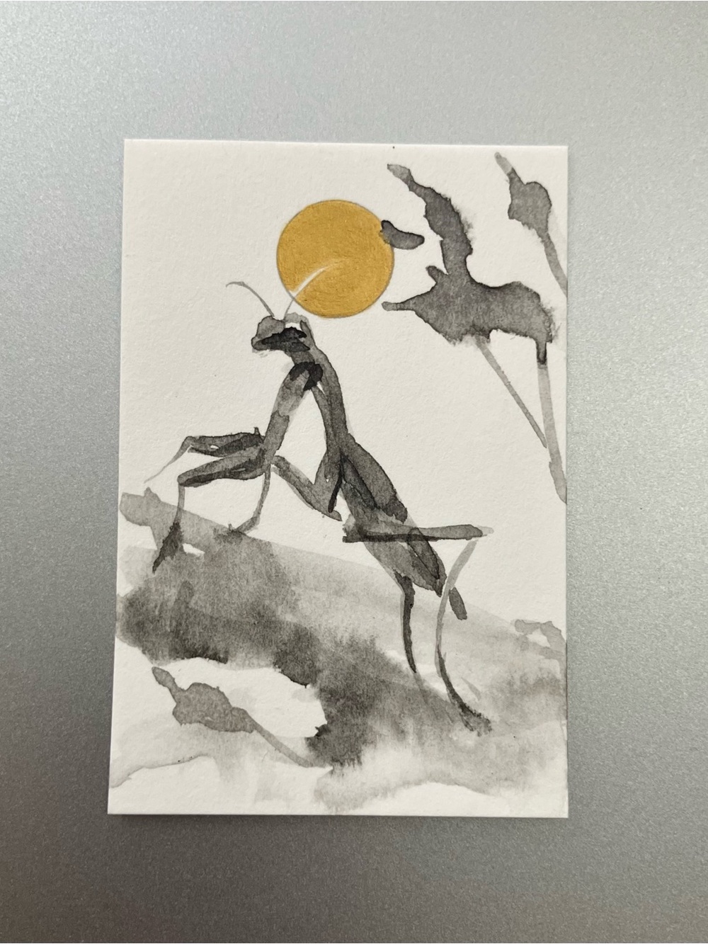 Original praying mantis painting art minis realism sumi-e insect ink artwork